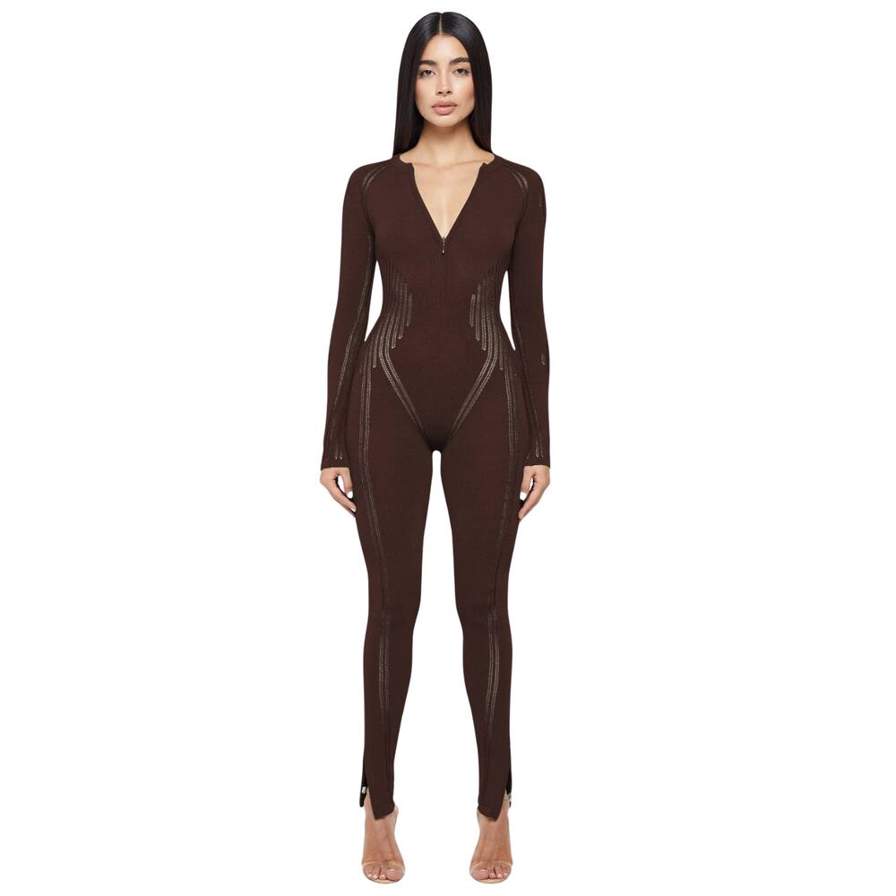 Manière De Voir Brown Knitted Contour Jumpsuit Medium Zip Front Bodycon Catsuit
